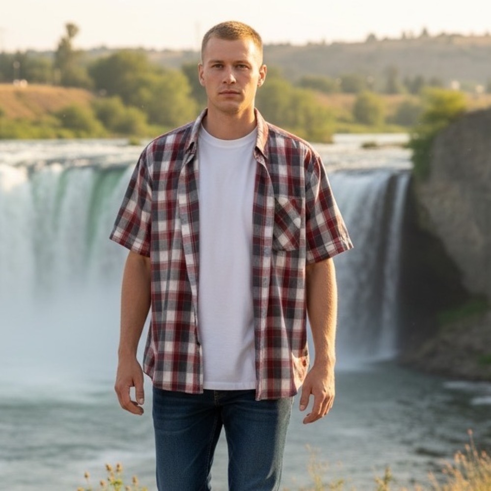 Carhartt Men 2XL Relaxed Fit Short Sleeve Plaid Button Down Shirt Red Grey White